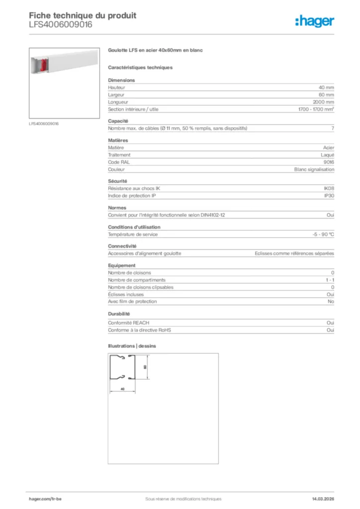 Image Hager Fiche technique du produit LFS4006009016 | Hager Belgique