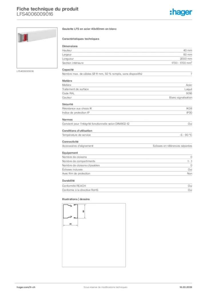 Image Hager Fiche technique du produit LFS4006009016 | Hager Suisse