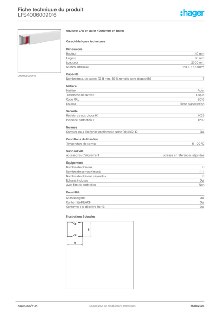 Image Hager Fiche technique du produit LFS4006009016 | Hager Suisse