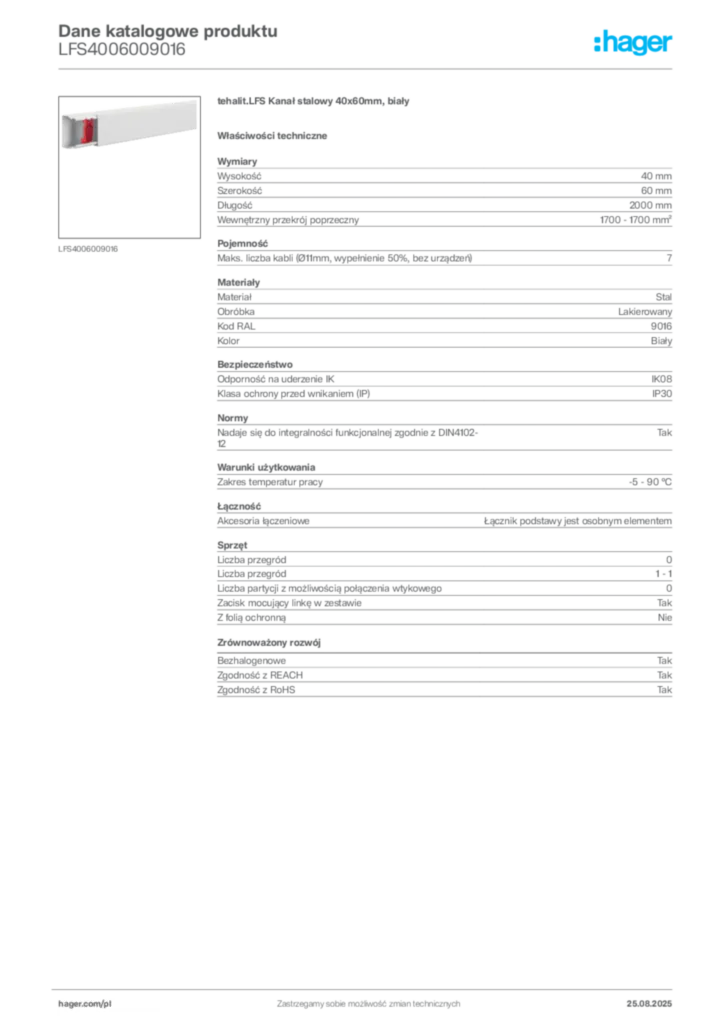 Zdjęcie Hager Dane katalogowe produktu LFS4006009016 | Hager Polska