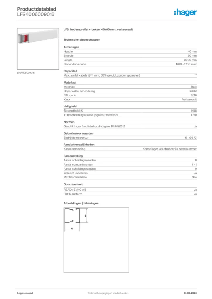 Afbeelding Hager Productdatablad LFS4006009016 | Hager Nederland