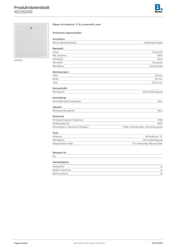 Bild Berker Produktdatenblatt 16226089 | Hager Deutschland
