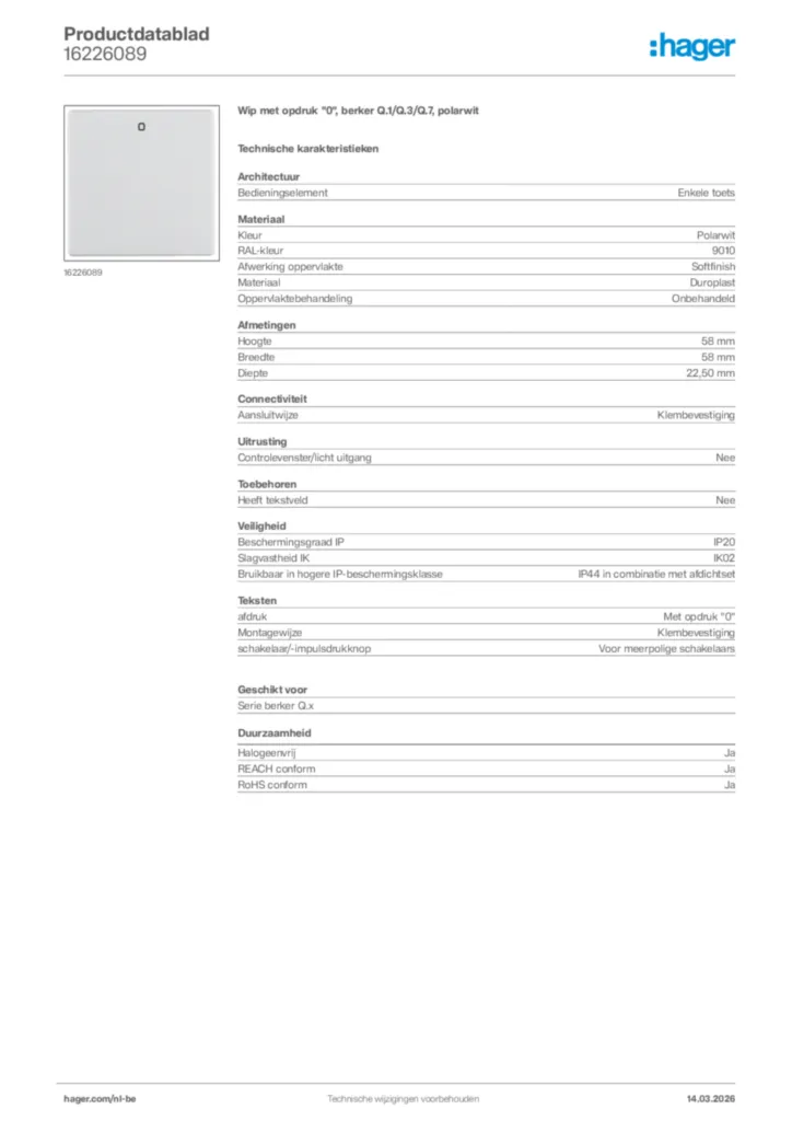 Afbeelding Hager Productdatablad 16226089 | Hager Belgium