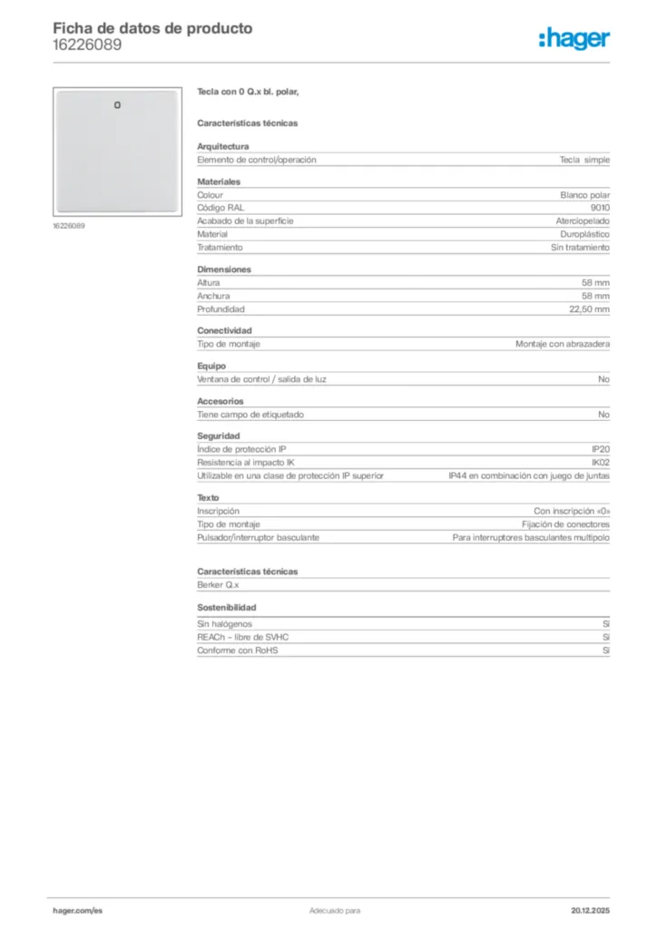Imagen Hager Ficha de datos de producto 16226089 | Hager España