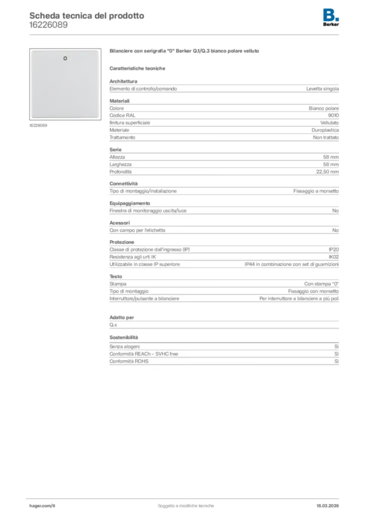 Immagine Berker Scheda tecnica del prodotto 16226089 | Hager Italia