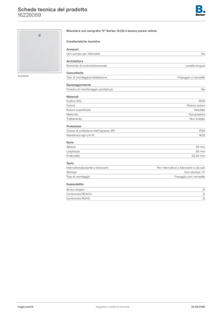 Immagine Berker Scheda tecnica del prodotto 16226089 | Hager Italia