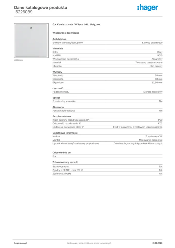 Zdjęcie Hager Dane katalogowe produktu 16226089 | Hager Polska