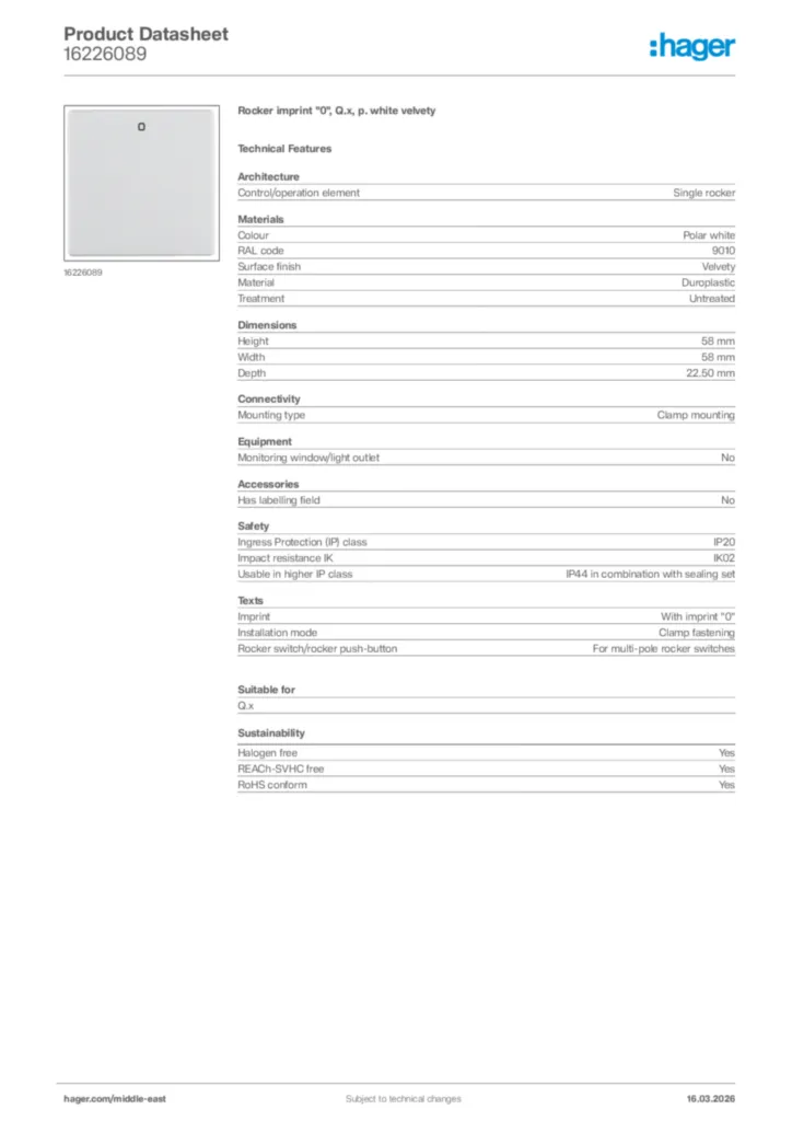 Image Hager Product data sheet 16226089  | Hager
