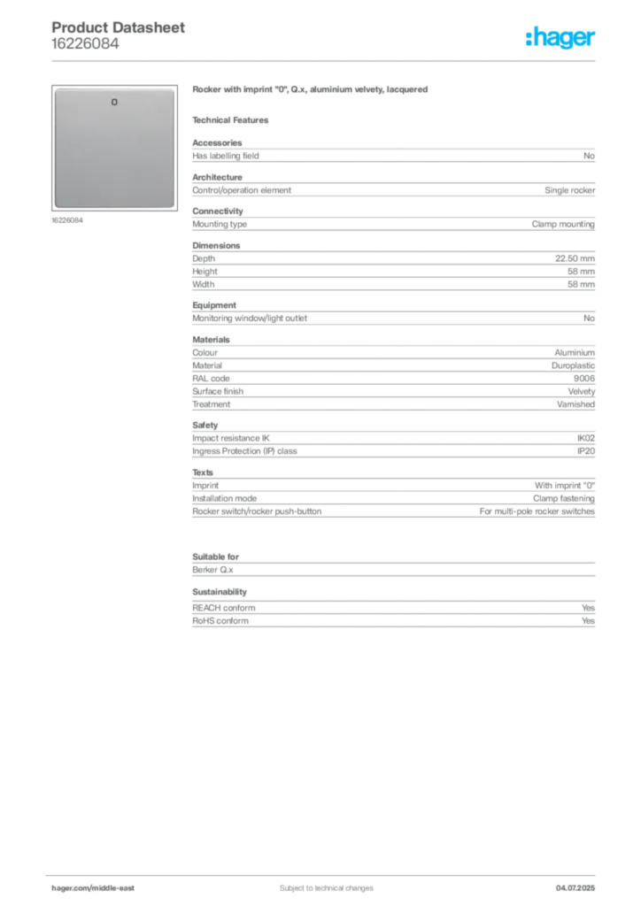 Image Hager Product data sheet 16226084  | Hager