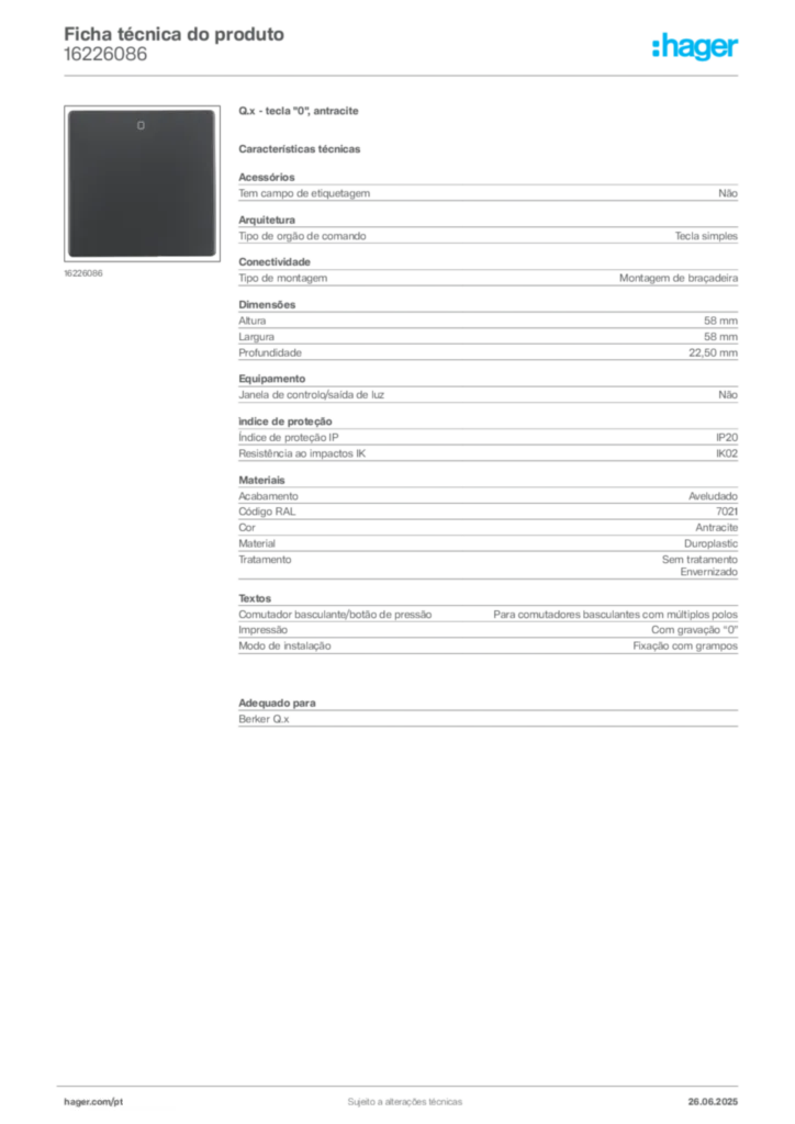 Imagem Hager Ficha técnica do produto 16226086 | Hager Portugal