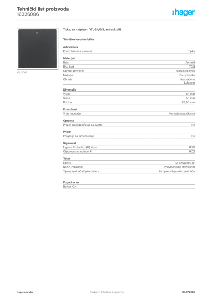 Slika Hager Product data sheet 16226086  | Hager