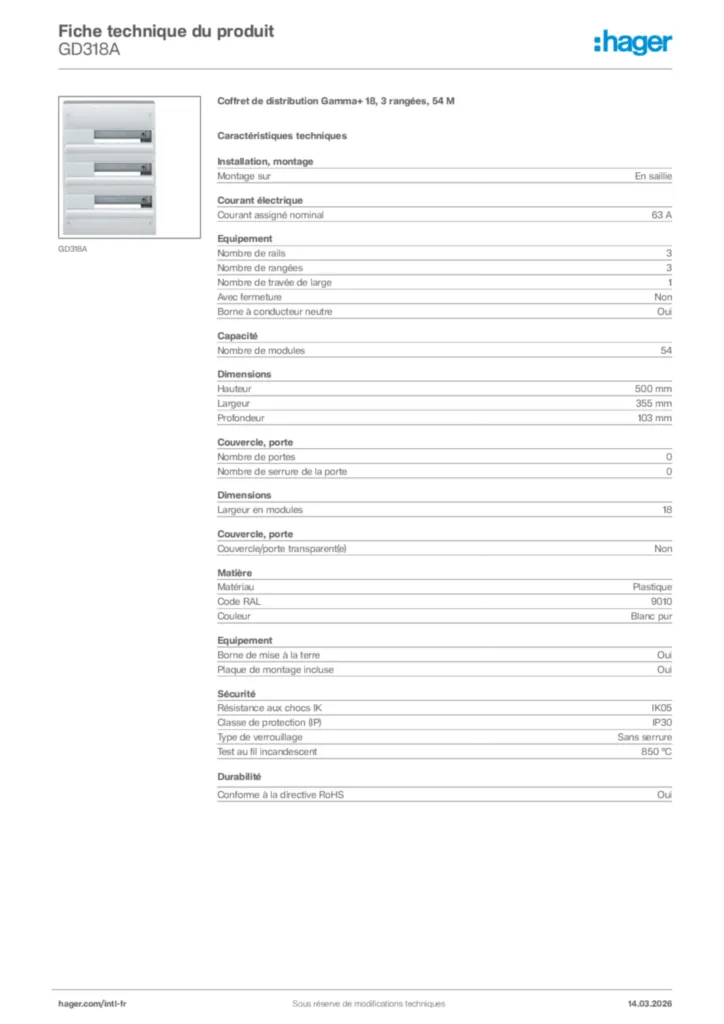 Image Hager Fiche technique du produit GD318A | Hager Afrique