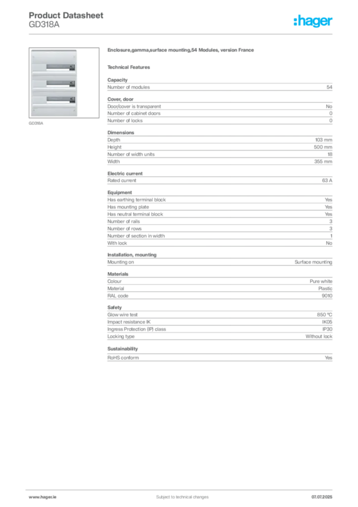 Image Hager Product data sheet GD318A  | Hager