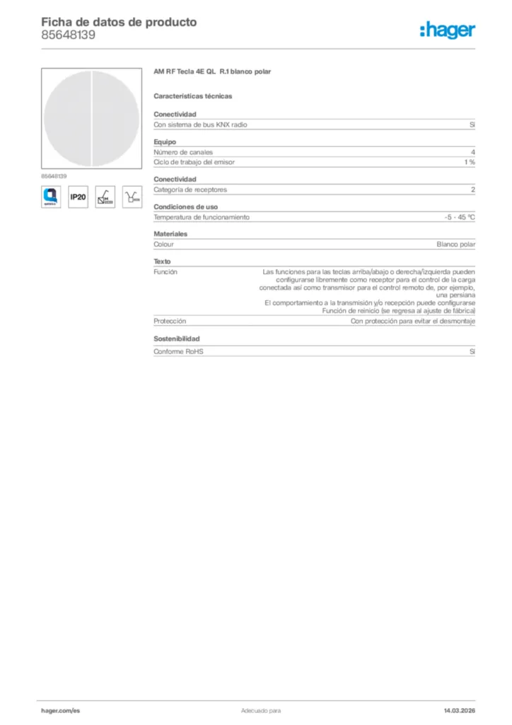 Imagen Hager Ficha de datos de producto 85648139 | Hager España
