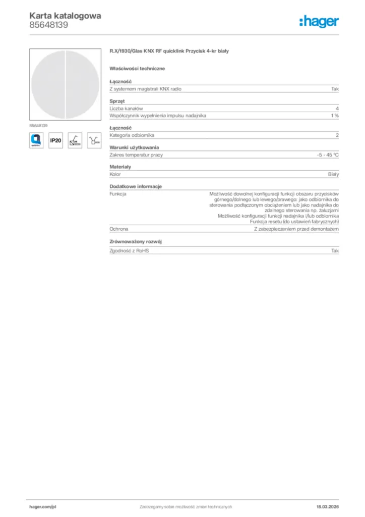 Zdjęcie Hager Karta katalogowa 85648139 | Hager Polska