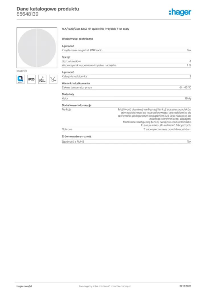 Zdjęcie Hager Dane katalogowe produktu 85648139 | Hager Polska