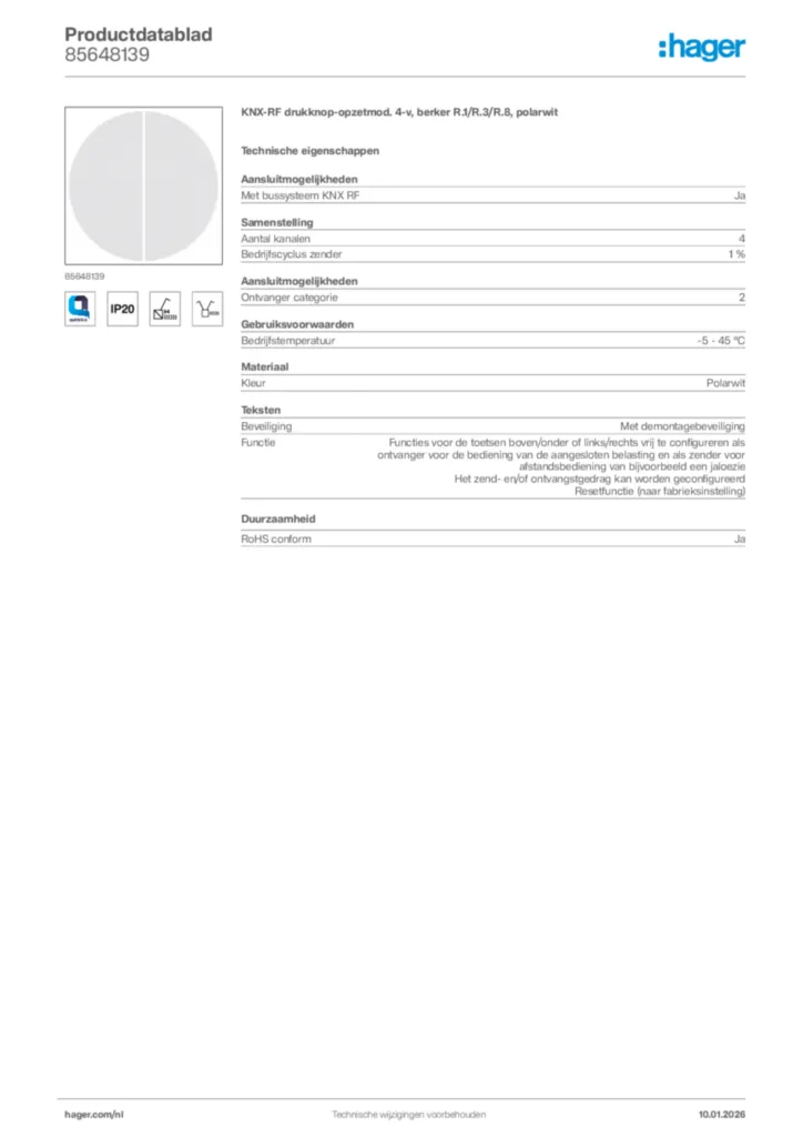Afbeelding Hager Productdatablad 85648139 | Hager Nederland