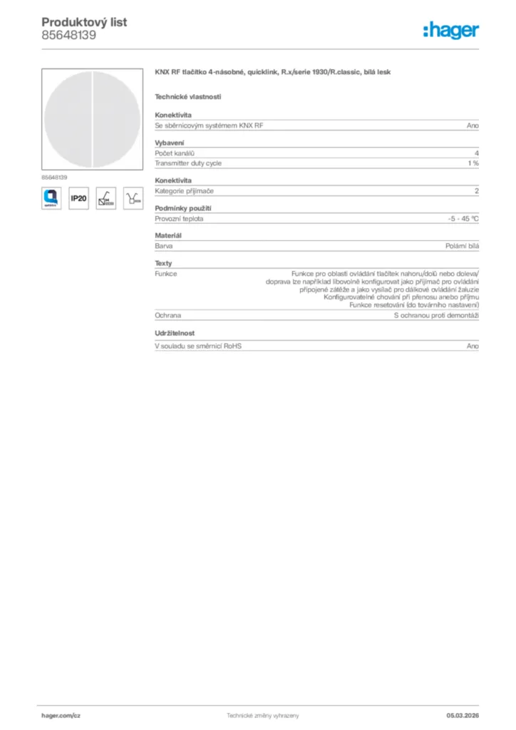 Obrázek Hager Product data sheet 85648139 | Hager