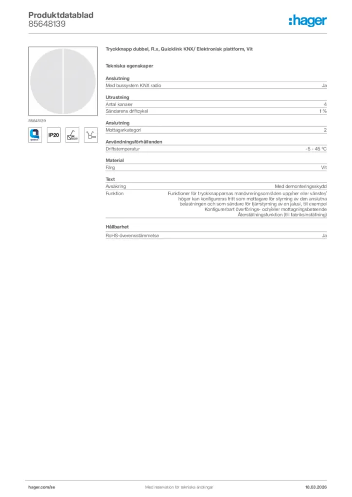 Bild Hager Produktdatablad 85648139 | Hager Sverige