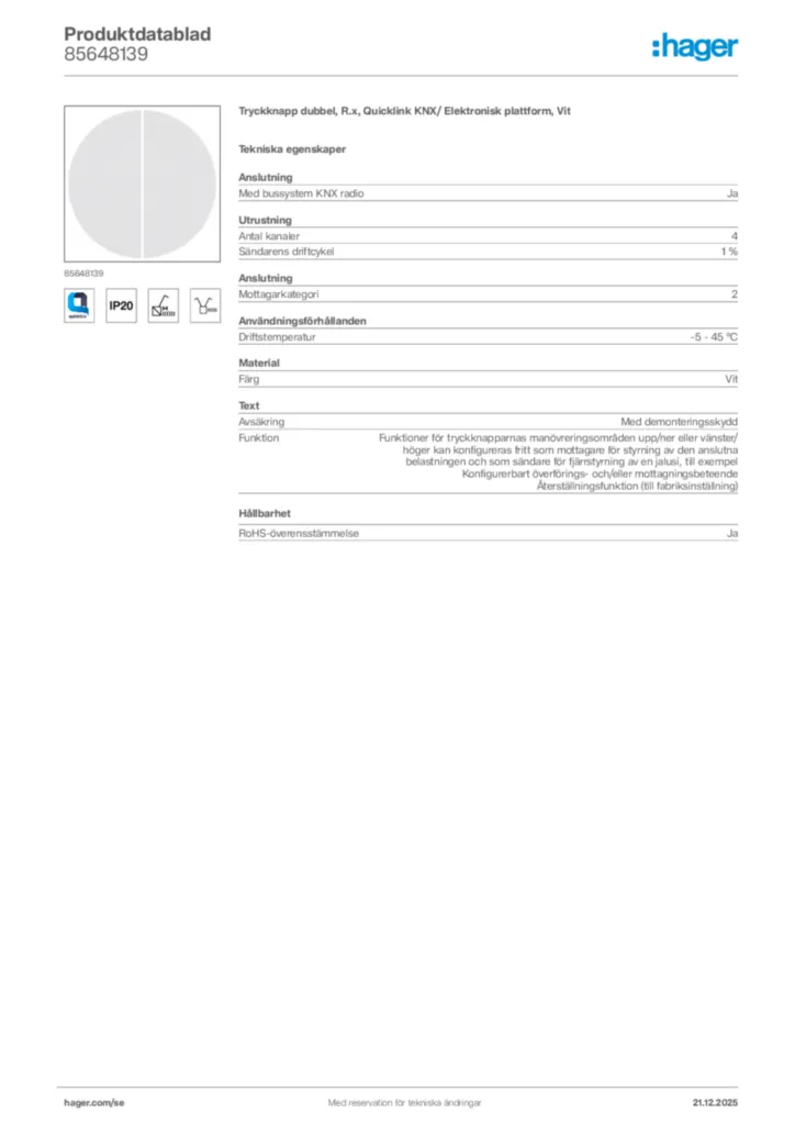 Bild Hager Produktdatablad 85648139 | Hager Sverige