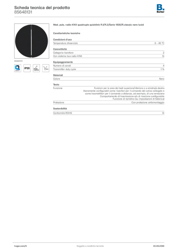 Immagine Berker Scheda tecnica del prodotto 85648131 | Hager Italia