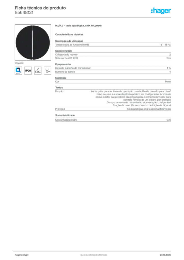 Imagem Hager Ficha técnica do produto 85648131 | Hager Portugal