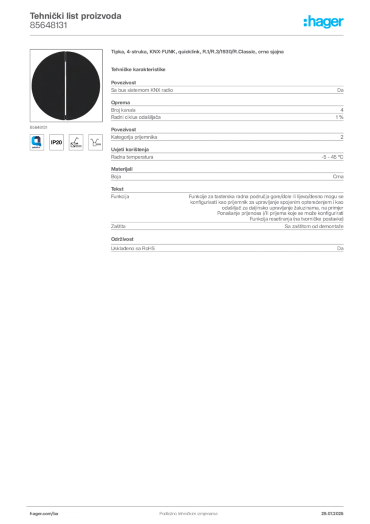 Slika Hager Product data sheet 85648131  | Hager