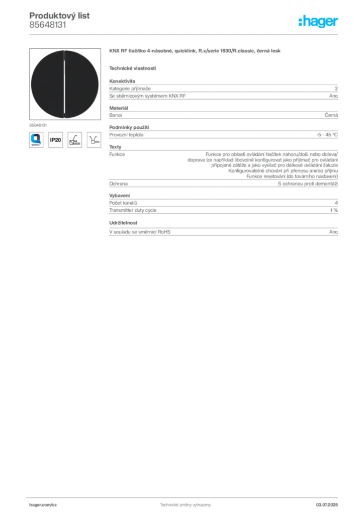 Obrázek Hager Produktový list 85648131 | Hager
