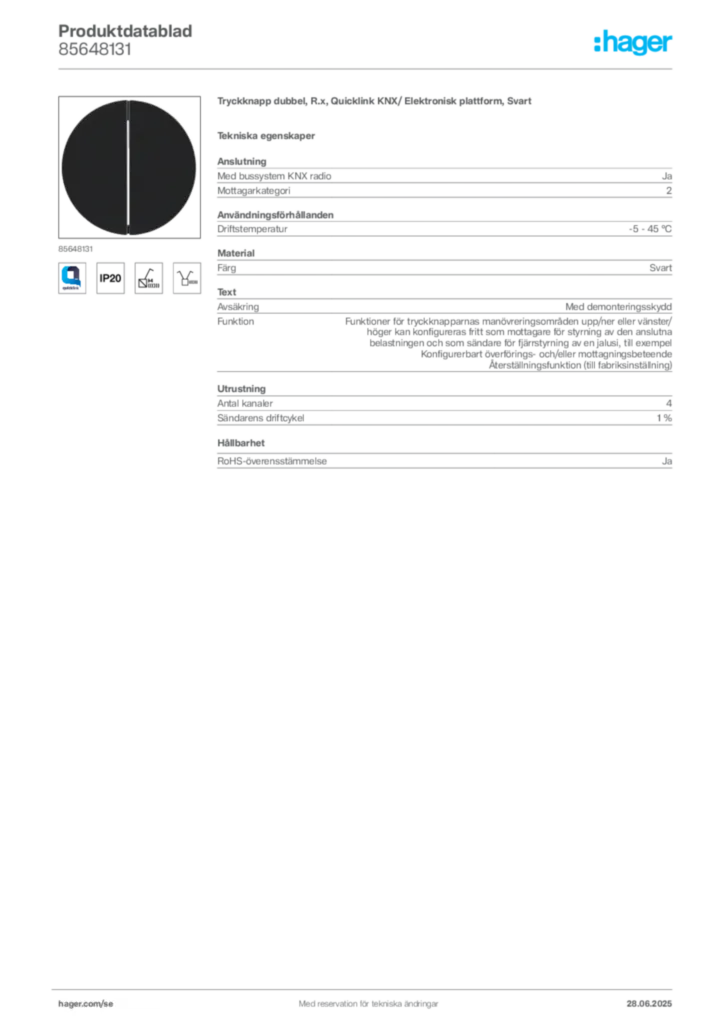 Bild Hager Produktdatablad 85648131 | Hager Sverige