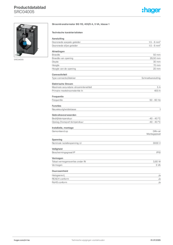 Afbeelding Hager Productdatablad SRC04005 | Hager Belgium