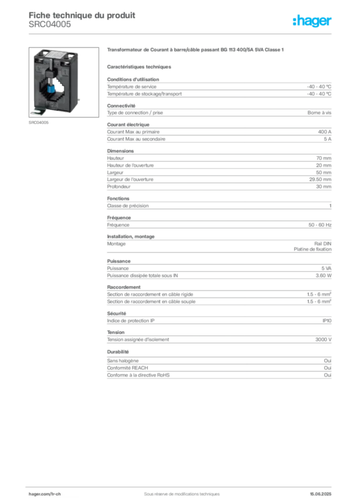 Image Hager Fiche technique du produit SRC04005 | Hager Suisse