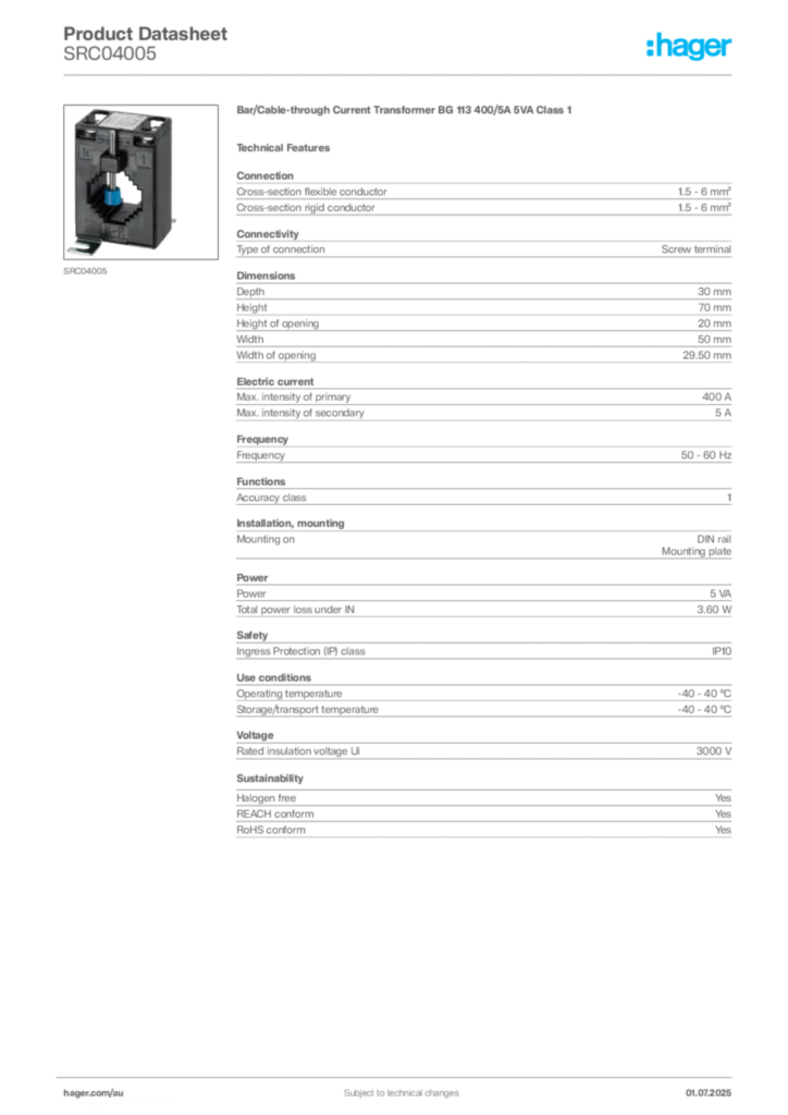 Image Hager Product data sheet SRC04005  | Hager Australia