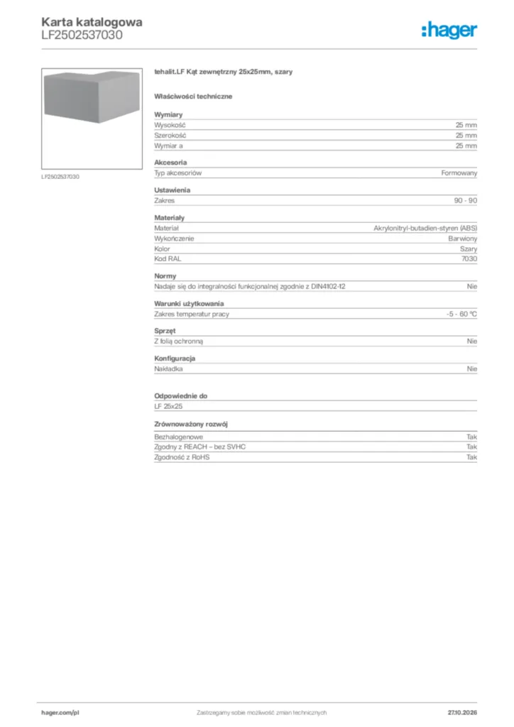 Zdjęcie Hager Karta katalogowa LF2502537030 | Hager Polska