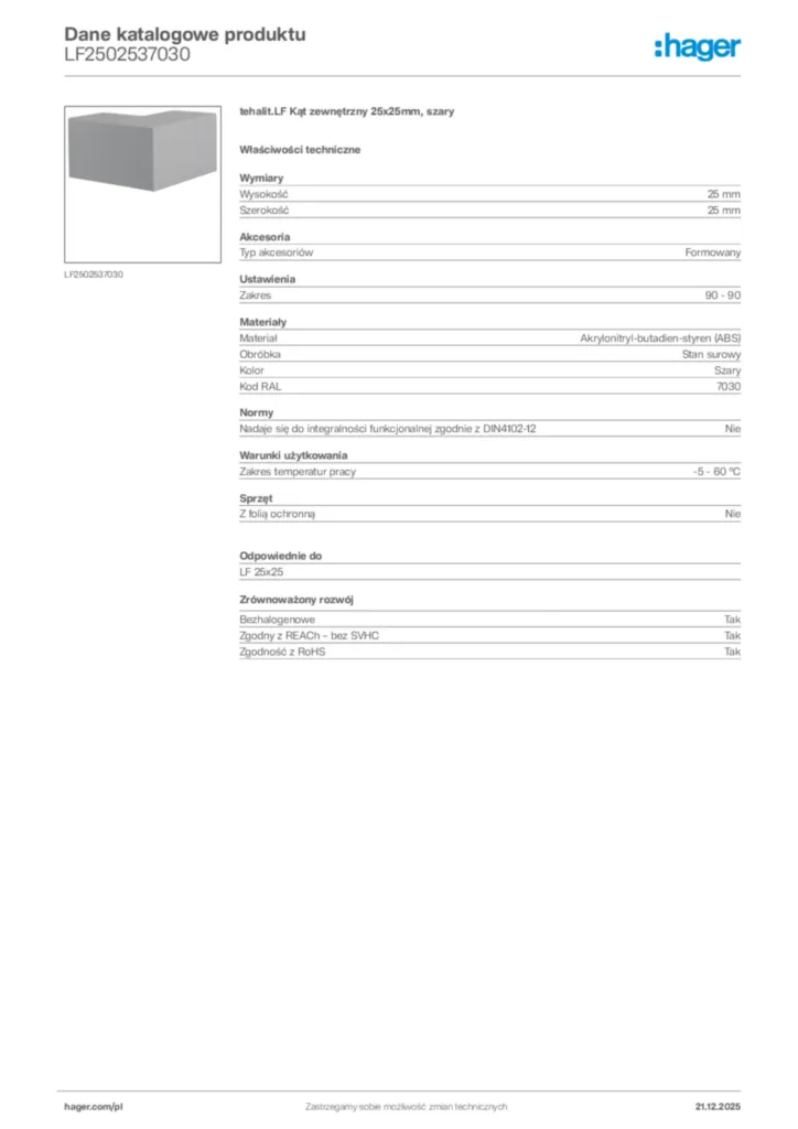 Zdjęcie Hager Dane katalogowe produktu LF2502537030 | Hager Polska