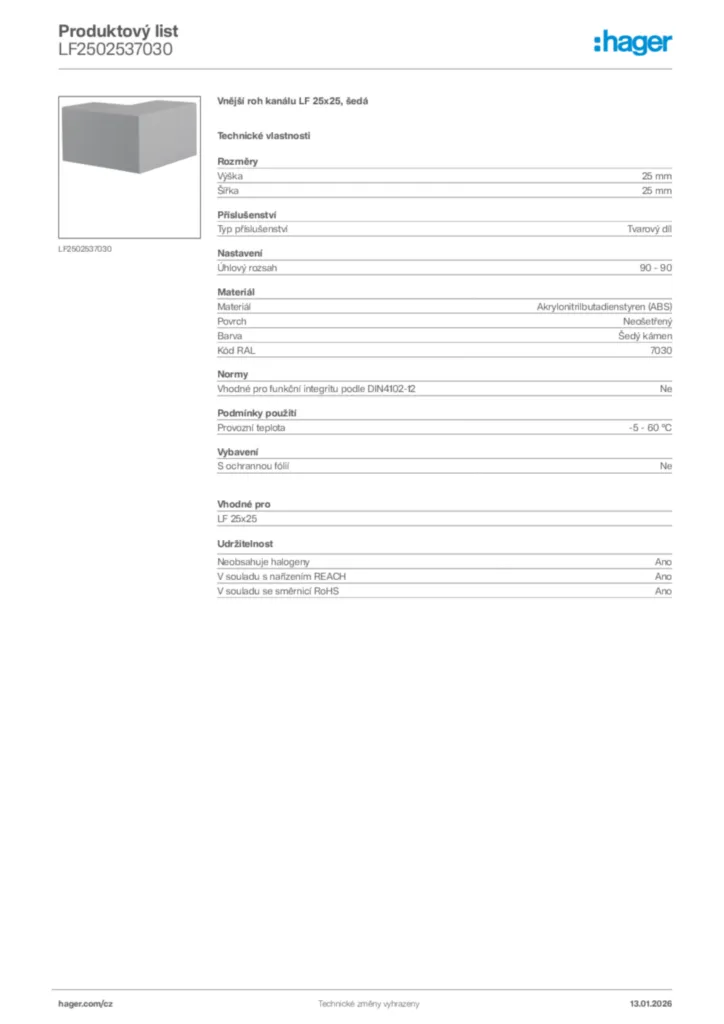 Obrázek Hager Product data sheet LF2502537030 | Hager