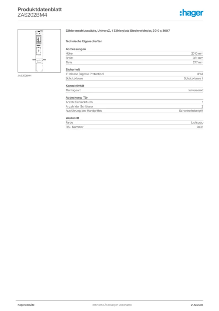 Bild Hager Produktdatenblatt ZAS202BM4 | Hager Deutschland