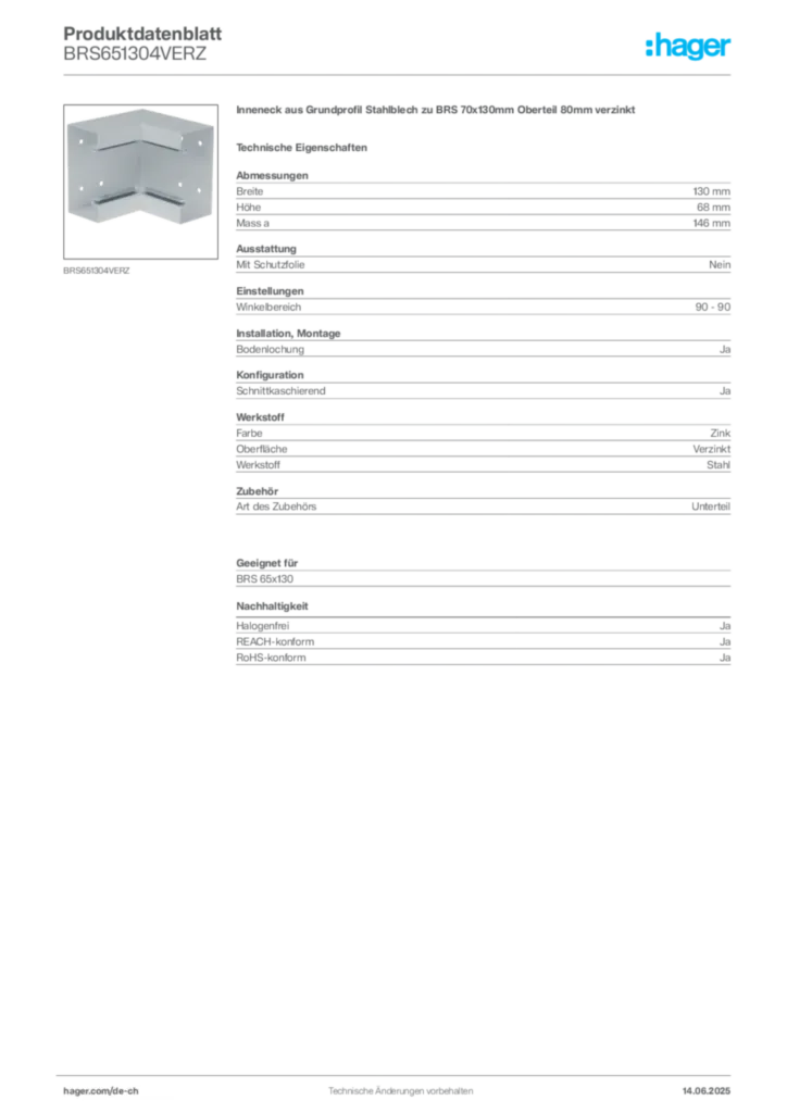 Bild Hager Produktdatenblatt BRS651304VERZ | Hager Schweiz