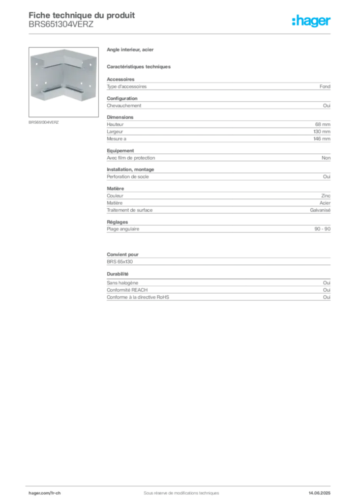Image Hager Fiche technique du produit BRS651304VERZ | Hager Suisse