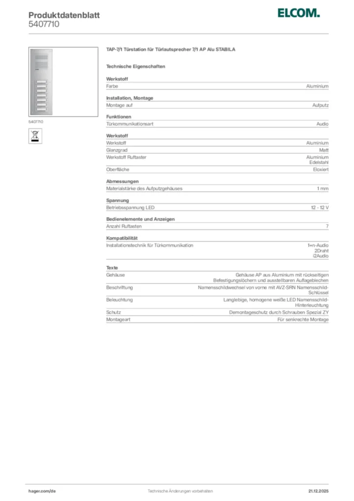 Bild Elcom Produktdatenblatt 5407710 | Hager Deutschland
