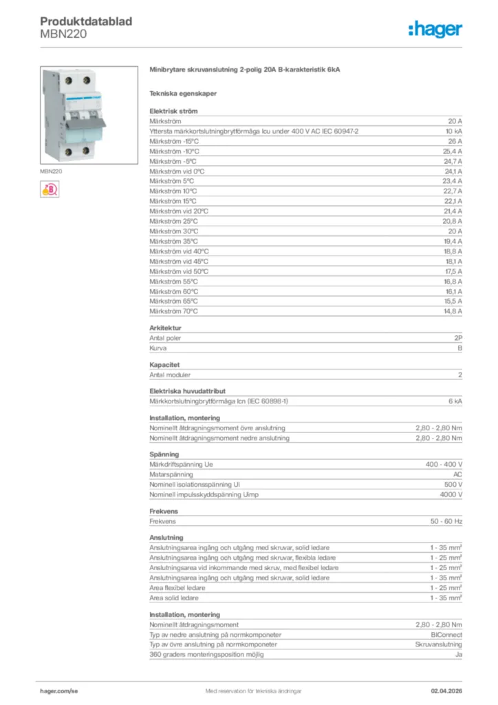 Bild Hager Produktdatablad MBN220 | Hager Sverige