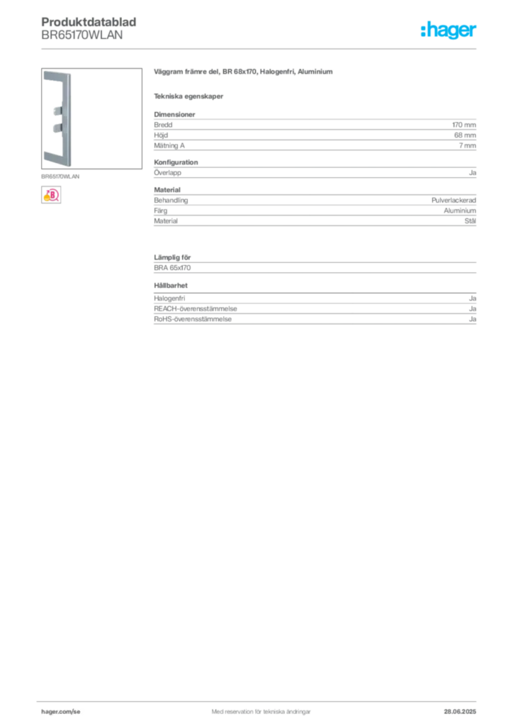 Bild Hager Produktdatablad BR65170WLAN | Hager Sverige