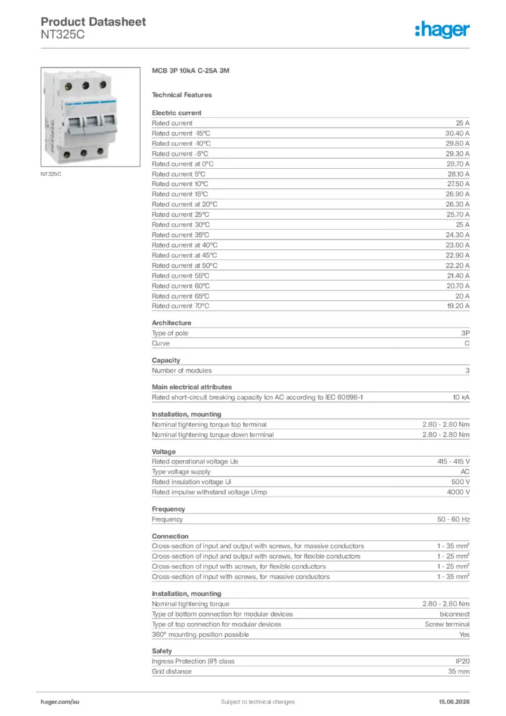 Image Hager Product data sheet NT325C  | Hager Australia