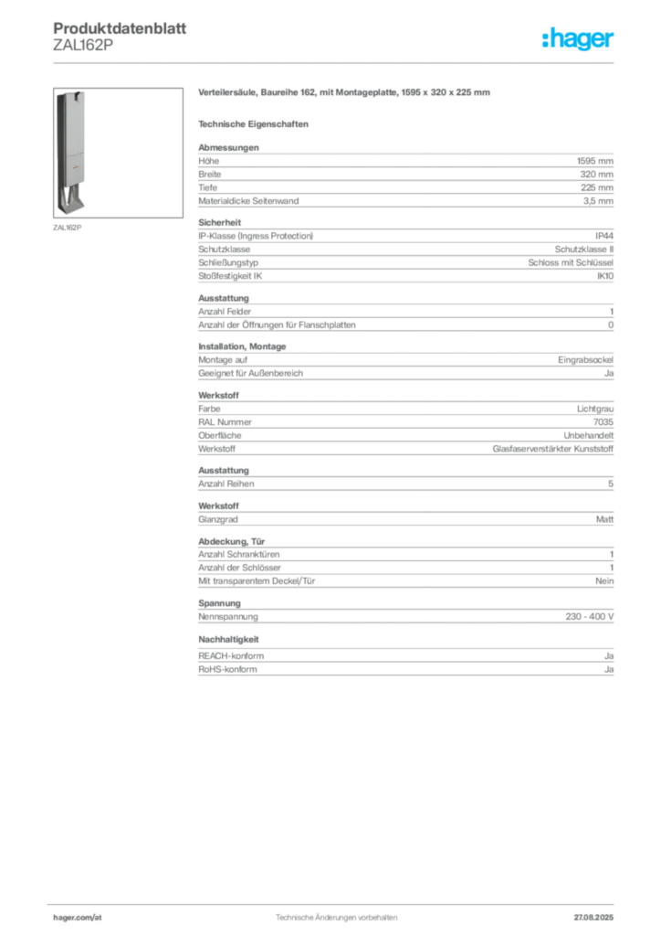 Bild Hager Produktdatenblatt ZAL162P | Hager Deutschland