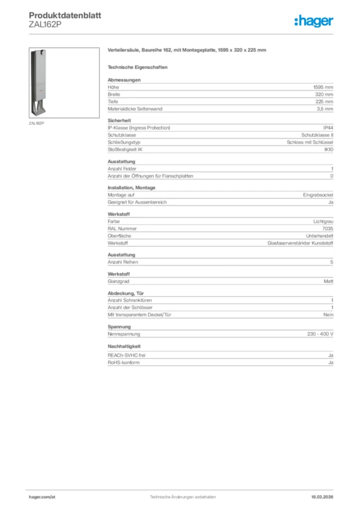 Bild Hager Produktdatenblatt ZAL162P | Hager Deutschland