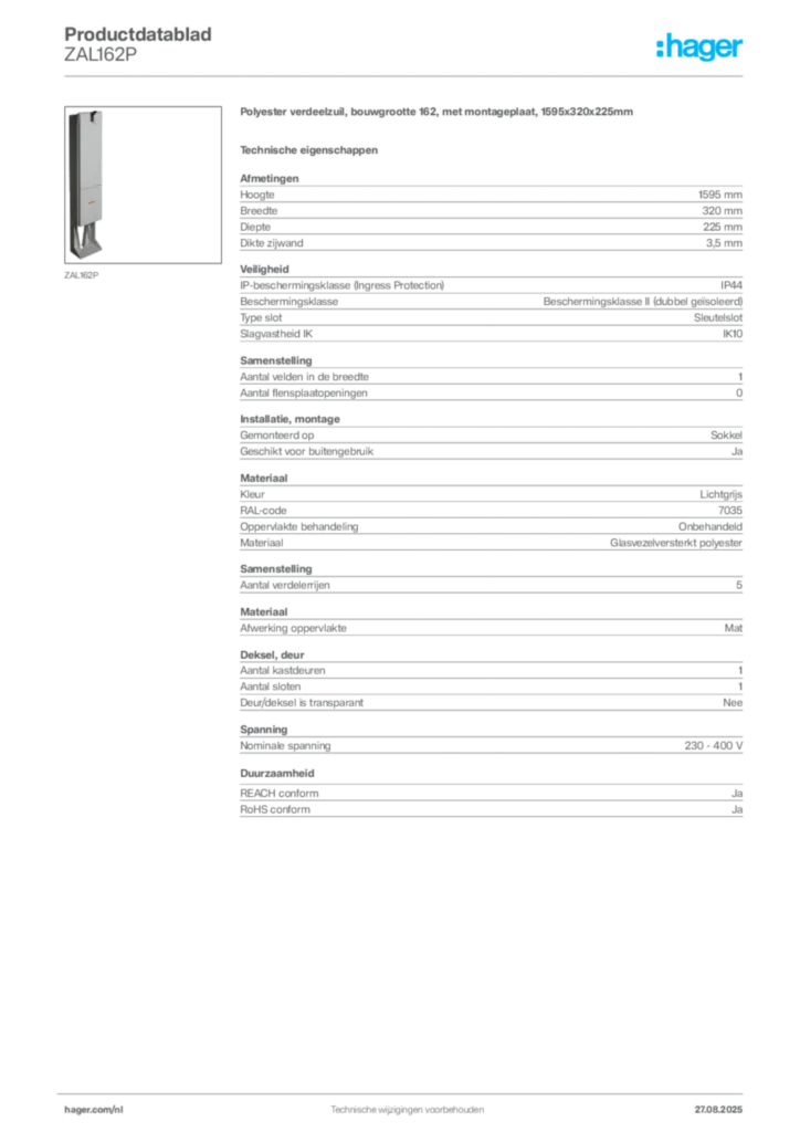 Afbeelding Hager Productdatablad ZAL162P | Hager Nederland