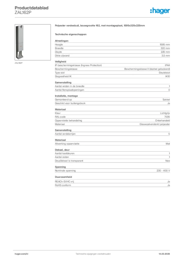 Afbeelding Hager Productdatablad ZAL162P | Hager Nederland
