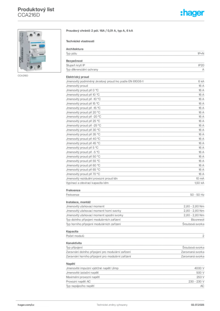 Obrázek Hager Produktový list CCA216D | Hager