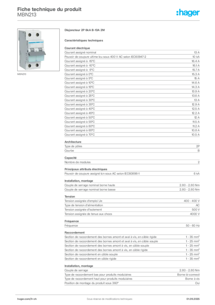 Image Hager Fiche technique du produit MBN213 | Hager Suisse