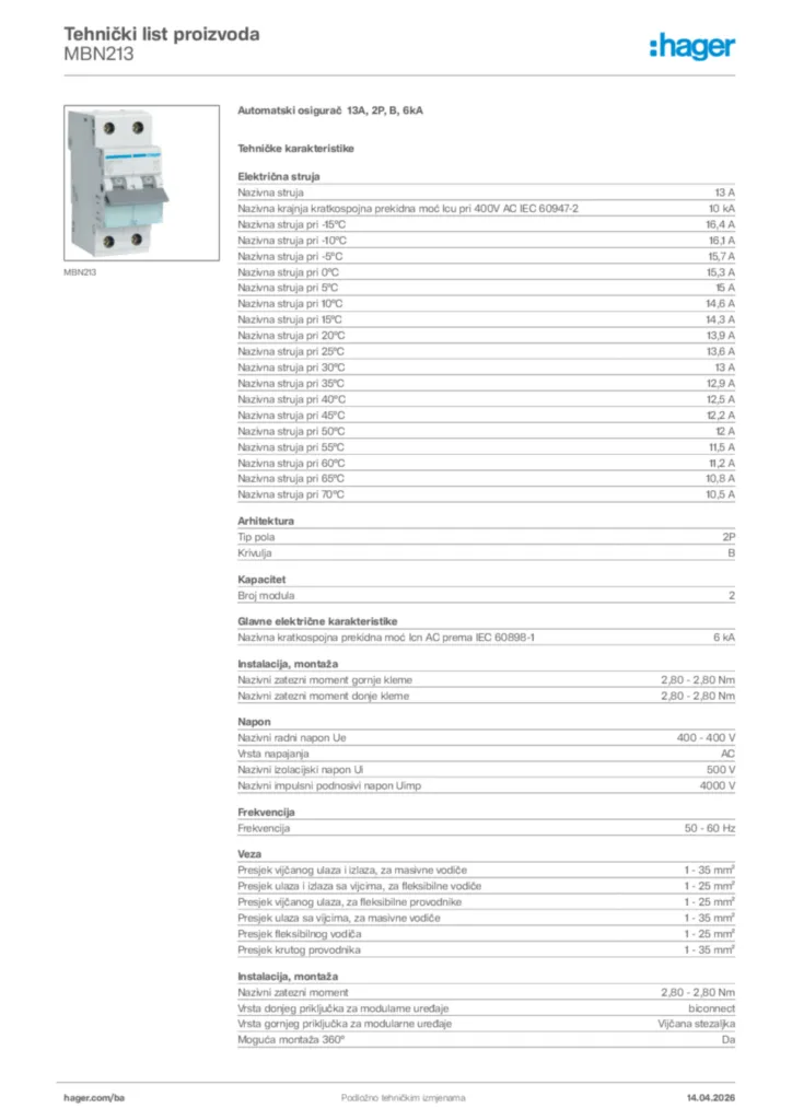 Slika Hager Tehnički list proizvoda MBN213  | Hager