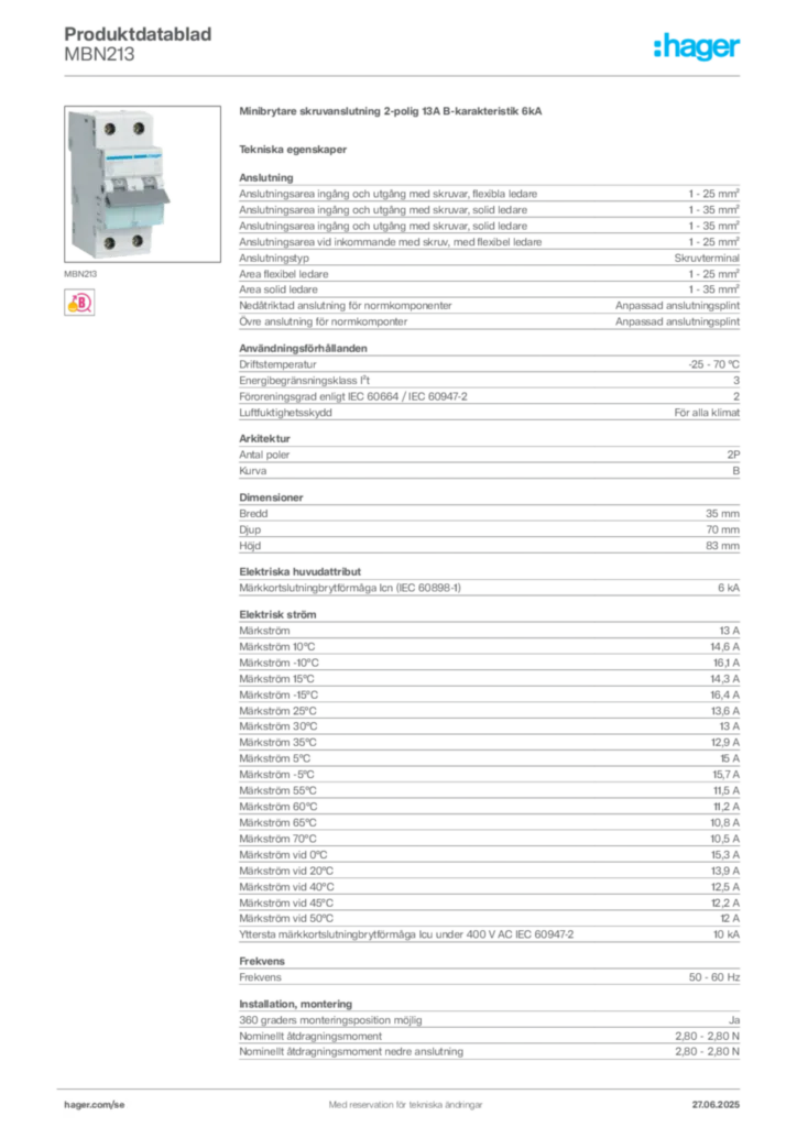 Bild Hager Produktdatablad MBN213 | Hager Sverige